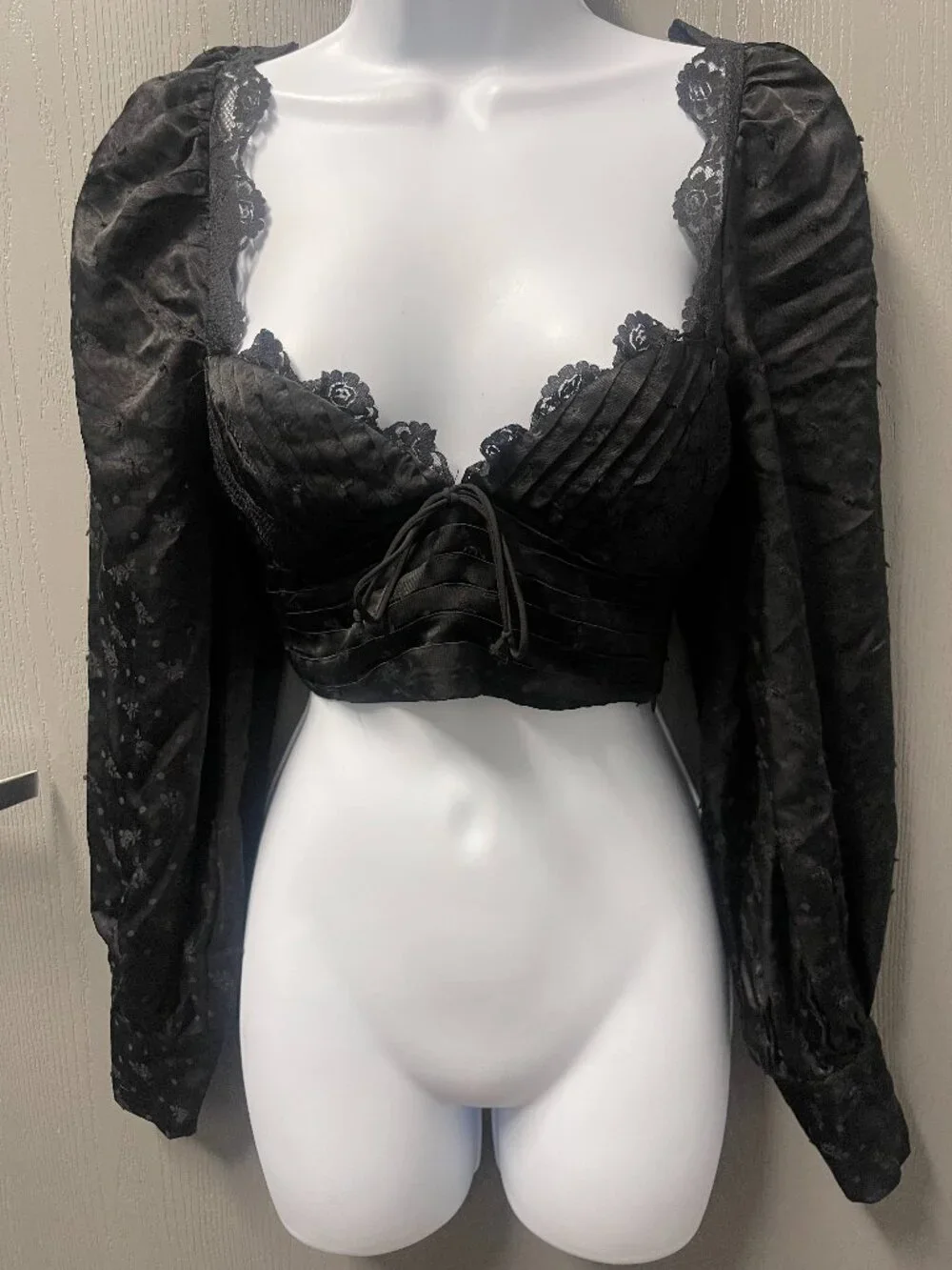 For Love & Lemons Liz Black Lace Swiss Dot Cropped Blouse XS